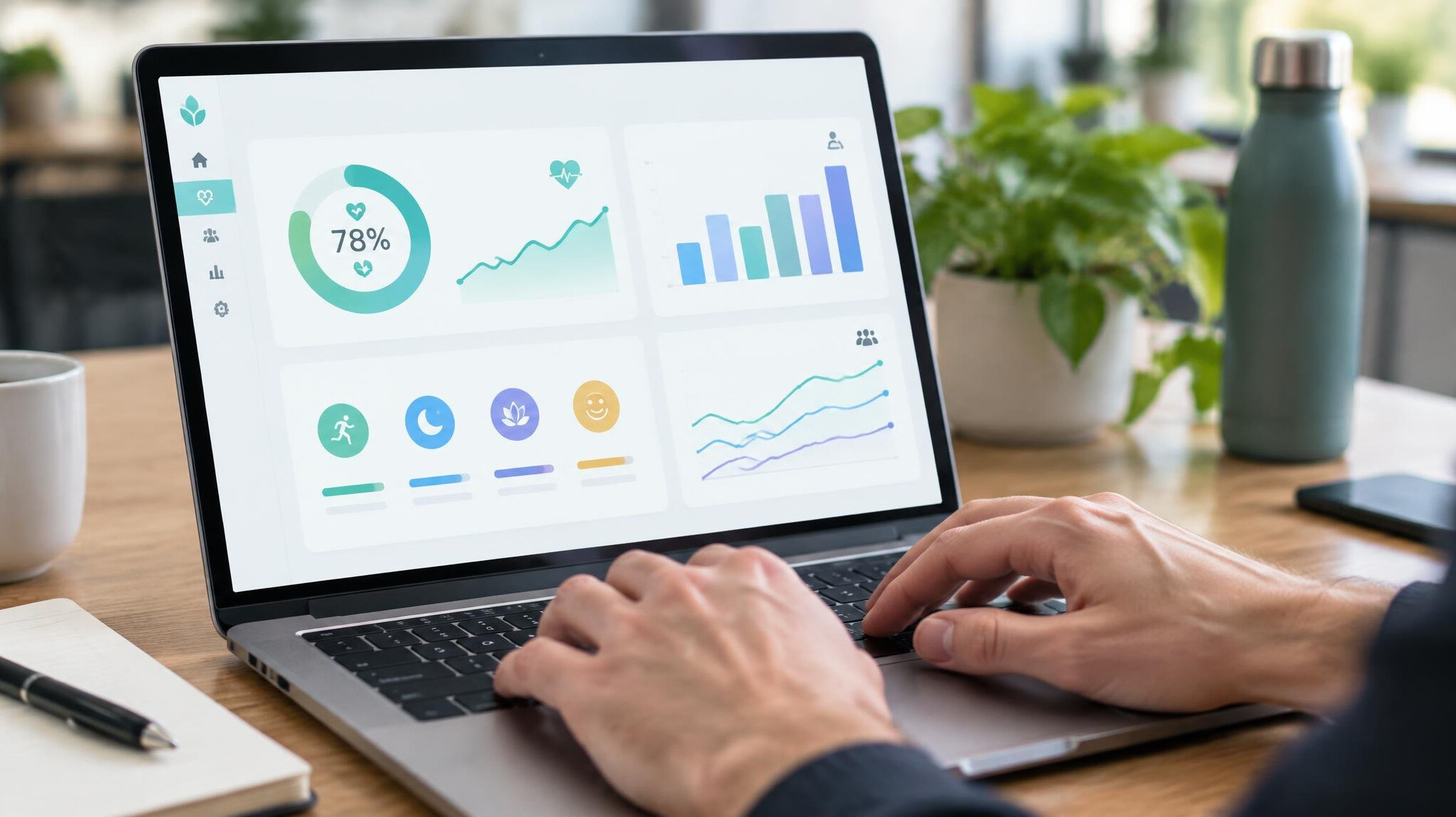 Hands typing on a laptop showing a wellness analytics dashboard