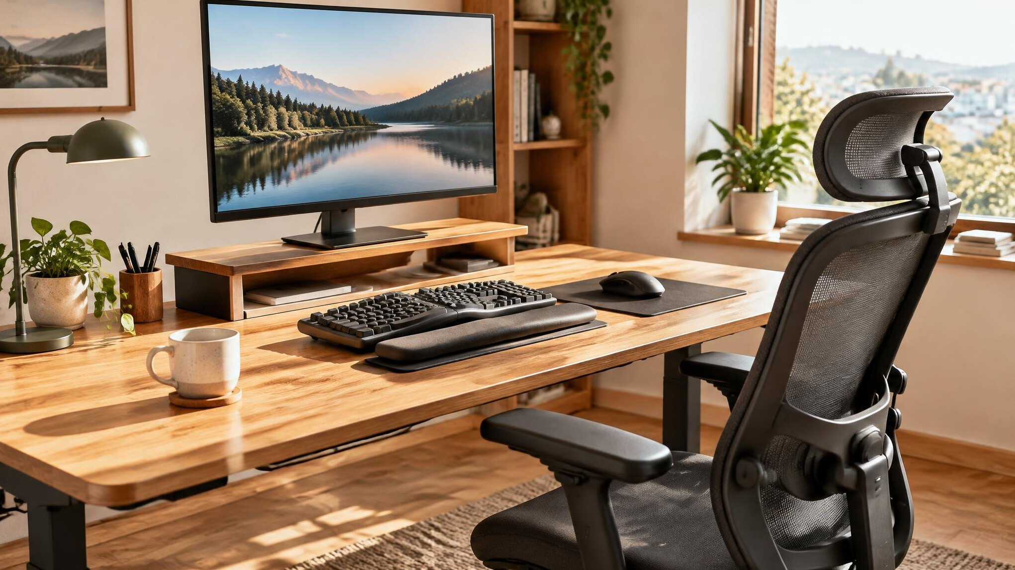 Ergonomic workstation with monitor riser and wrist support