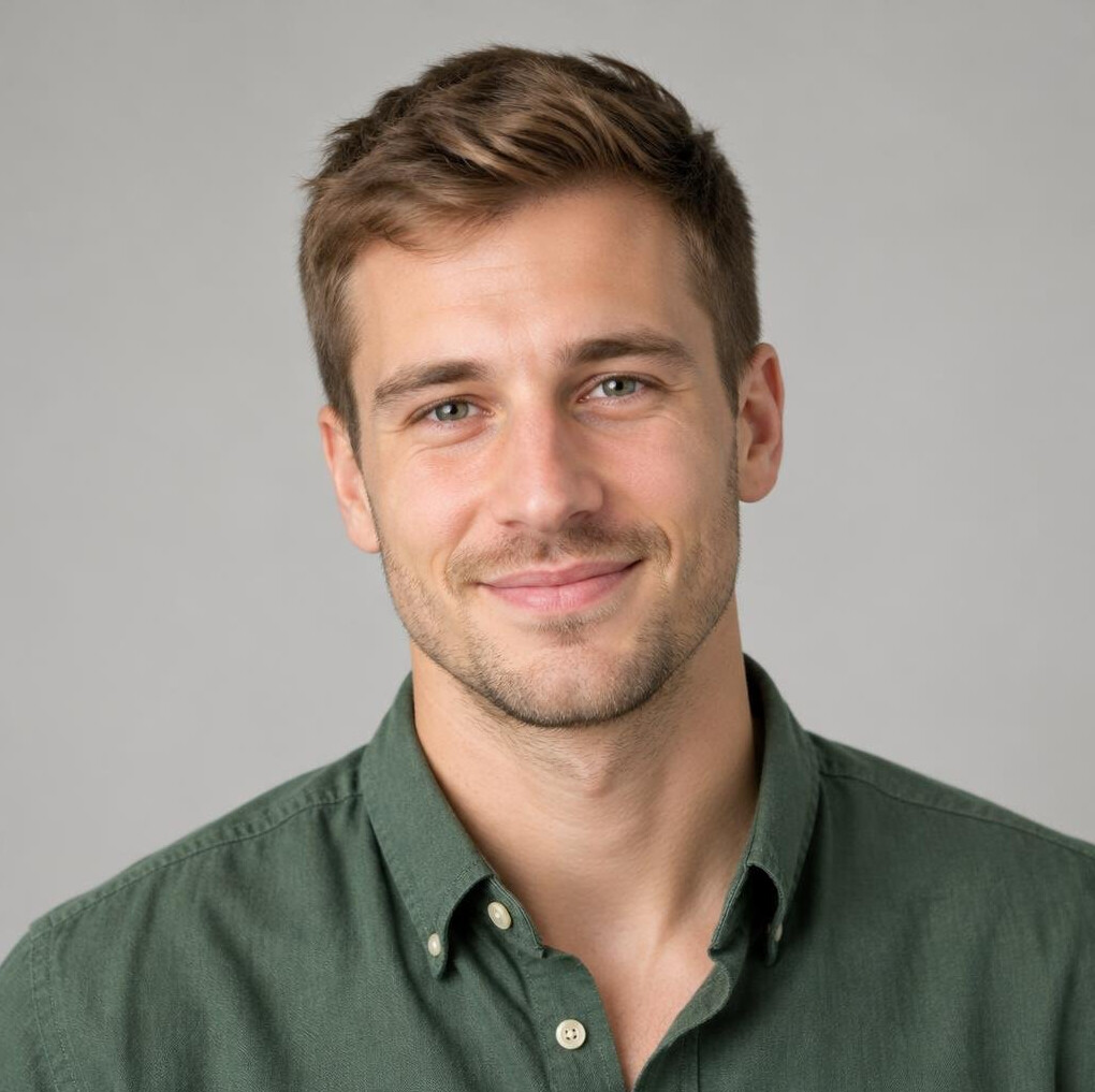 Portrait of a young man health program coordinator in a green shirt