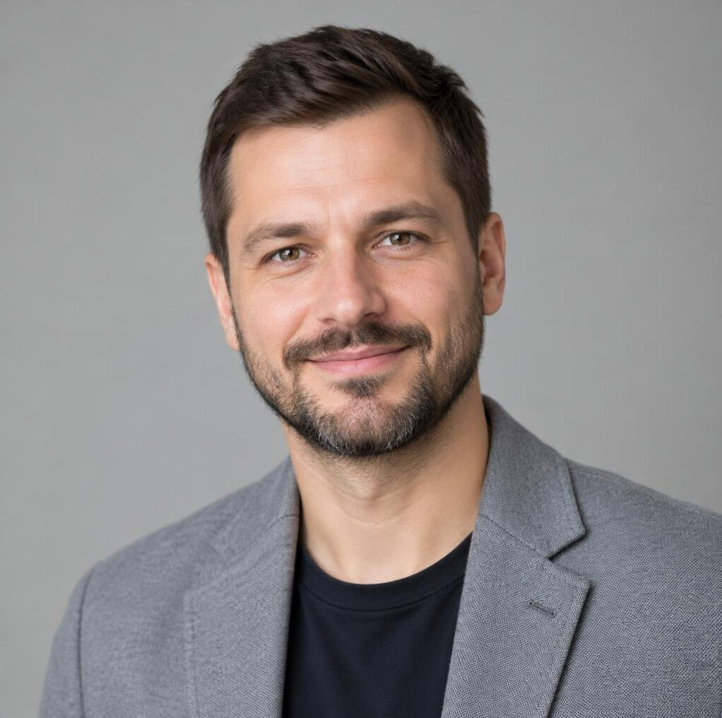 Portrait of a man ergonomics expert with a short beard