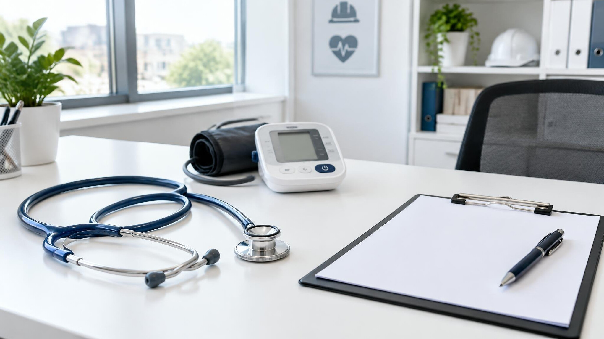 Stethoscope and blood pressure monitor on a white desk