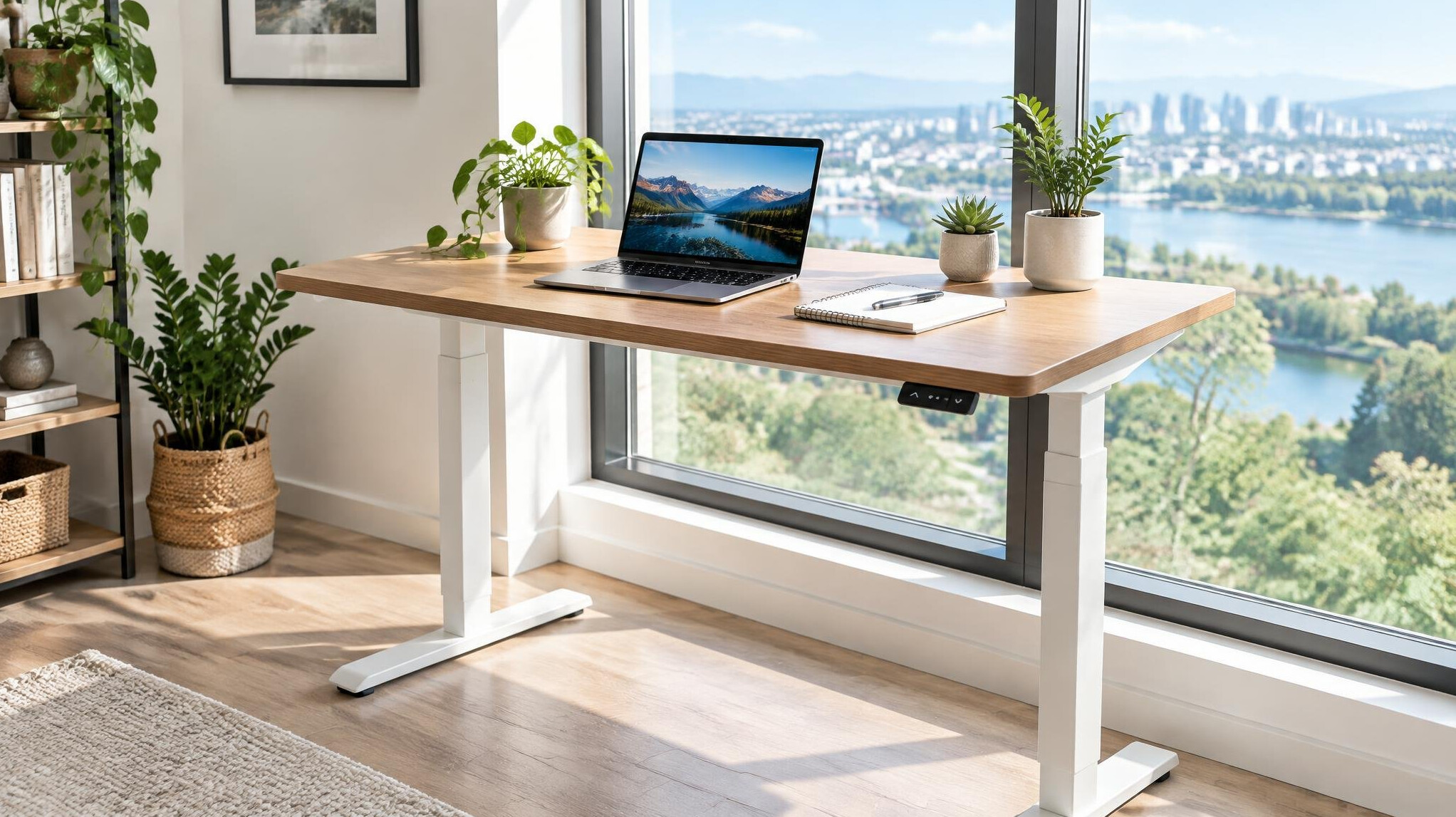 Standing desk with laptop and plants near a window