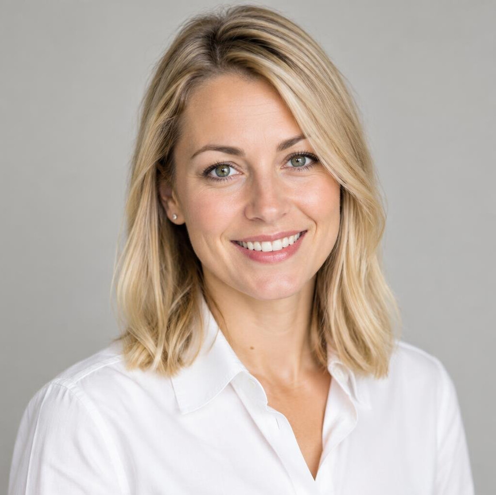 Smiling blonde woman in a white shirt portrait