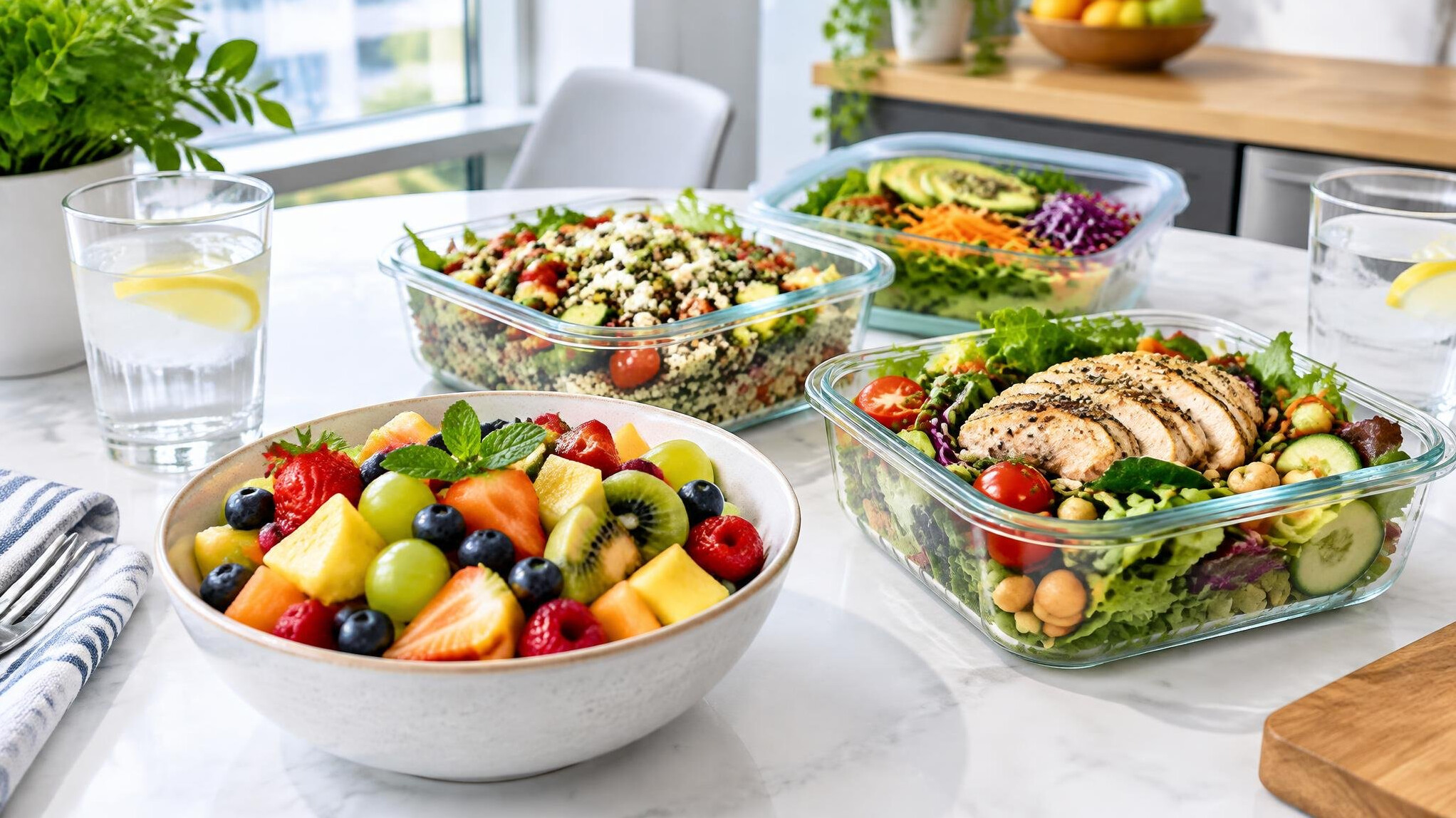Fresh fruit bowl and healthy lunch on an office table