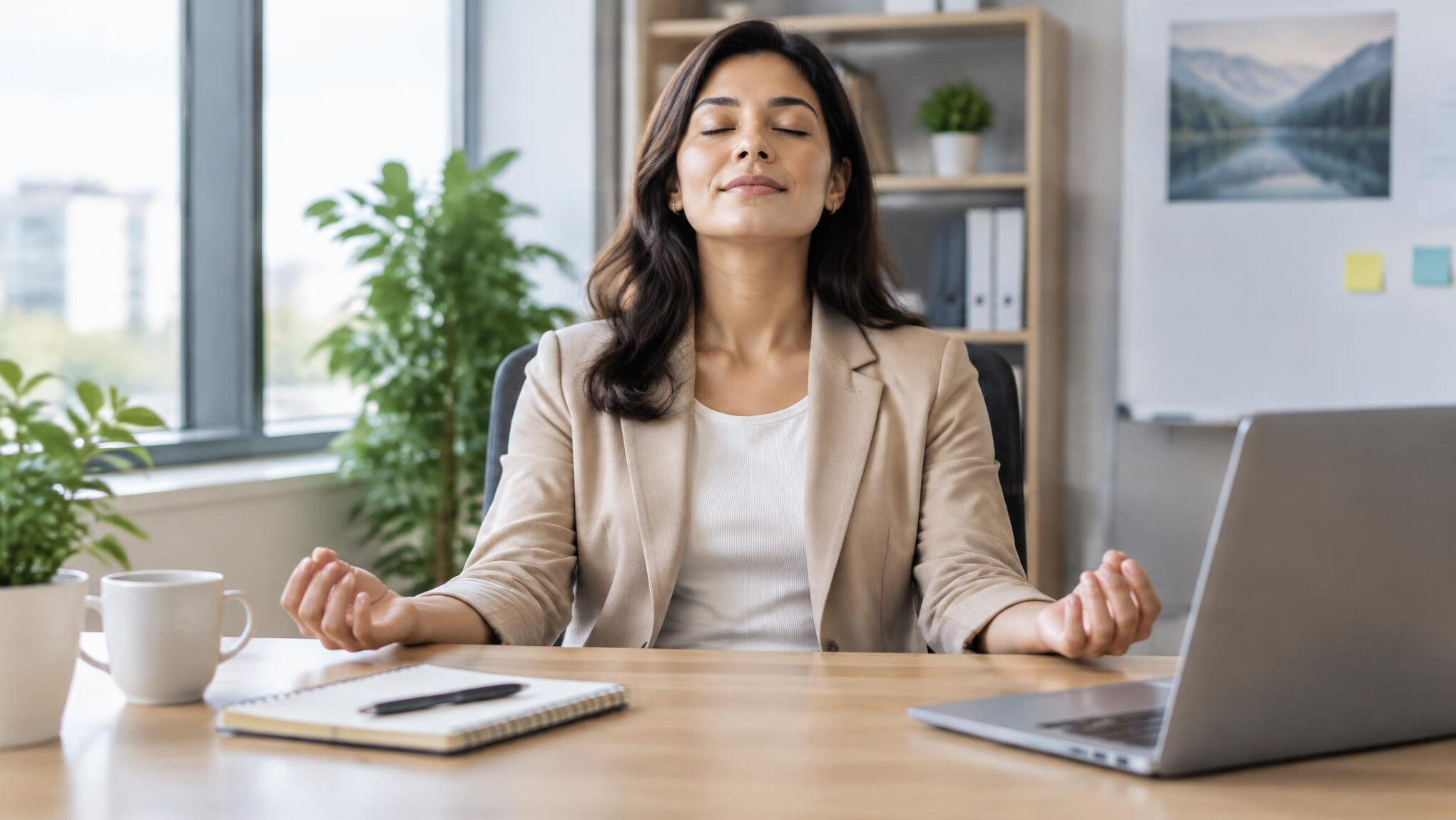 person meditating at desk