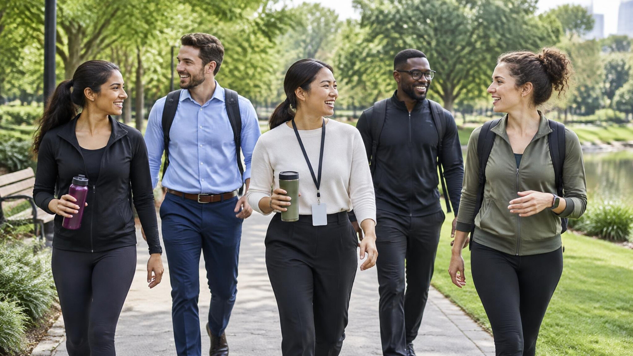 group of colleagues walking during break