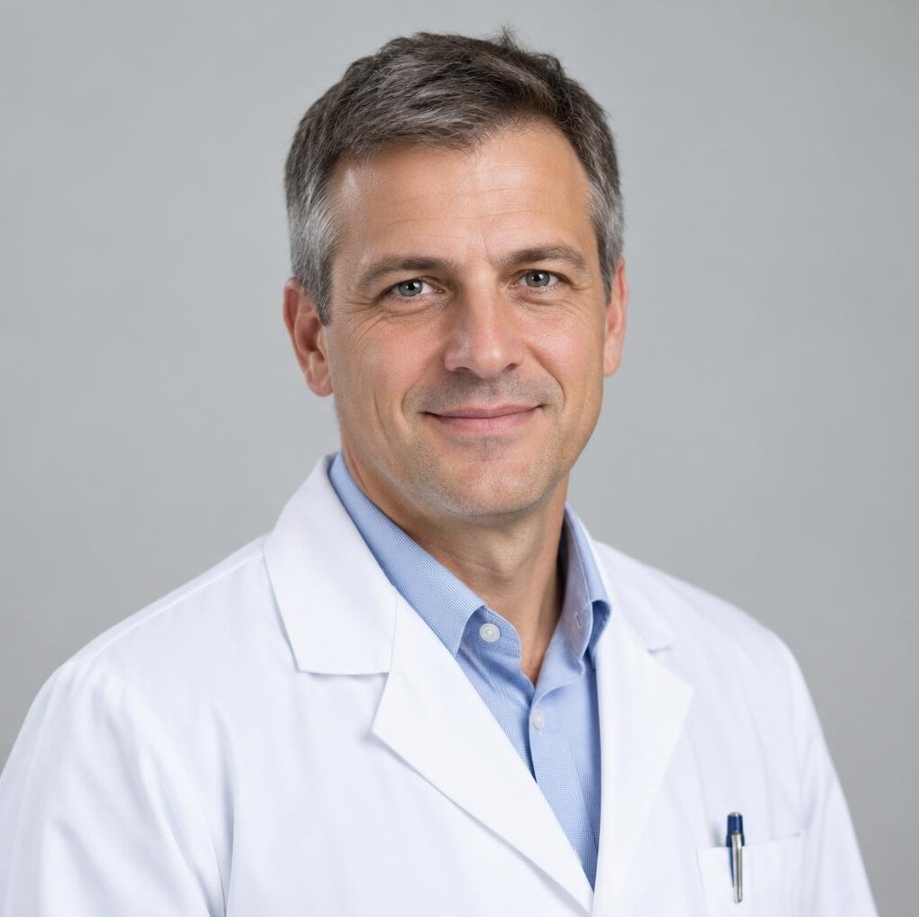 Portrait of a doctor man with short hair in a white coat