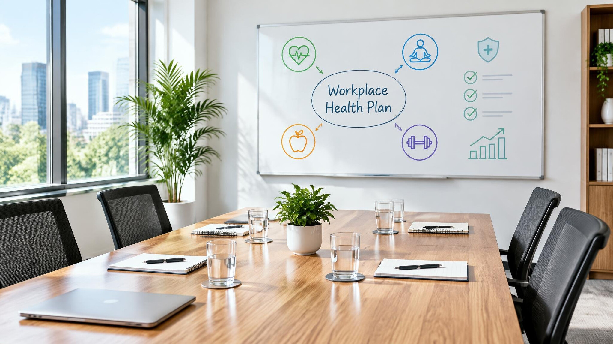 Meeting room with a long table, notebooks and a whiteboard with a health plan